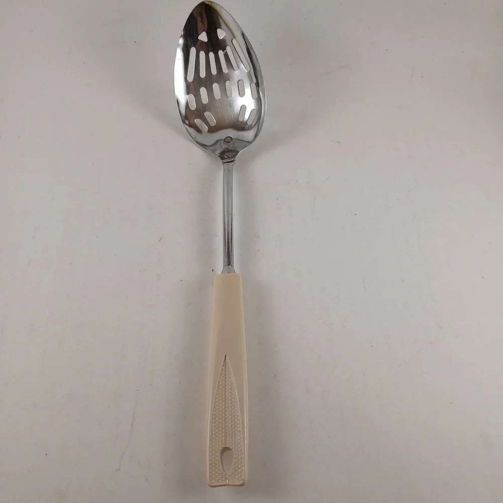 Vintage Ekco Slotted‎ Serving Spoon Stainless Steel Beige Plastic Handle
